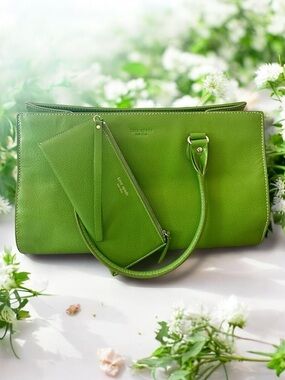 Kate Spade Green Leather Satchel + Wristlet Set Large Structured Tote 2PC